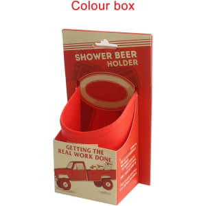 A red shower beer holder displayed in a colourful box, featuring a logo and packaging design.