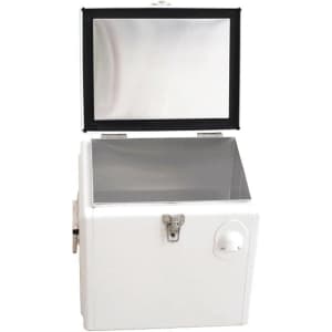 A white metal cooler box with a removable lid and a shiny interior. It features a latch and a tap.