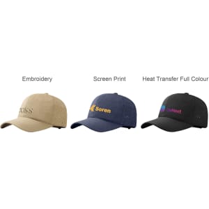 Three caps in beige, navy, and black, featuring different types of branding: embroidery, screen print, and heat transfer.