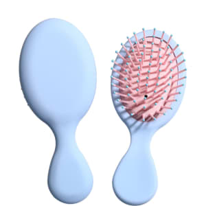 A light blue mini paddle brush with a pink bristle head, featuring a logo on the handle.