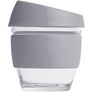 A reusable 8 oz glass coffee cup with a grey silicone lid and sleeve, featuring a simple design and a clear base.