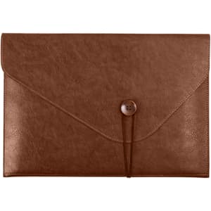 A brown PU leather folder featuring a button closure and a sleek, textured finish. It includes a logo.