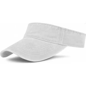 A white sun visor with a wide brim and an adjustable strap at the back, featuring a logo.