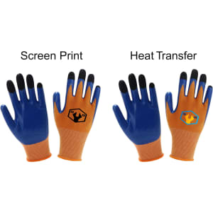 Two pairs of insulated gloves with orange and blue colours, featuring different designs and black fingertips.