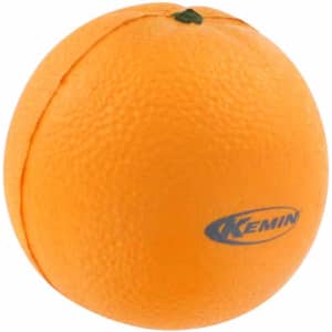 An orange stress reliever shaped like an orange, featuring a textured surface and a small green top, with a logo.