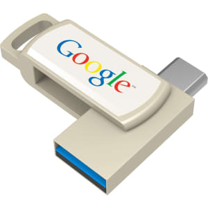A beige flash drive with a blue USB connector and a logo on the surface.