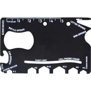 A black card-sized multi-tool featuring various functions including a bottle opener, can opener, and screwdrivers.
