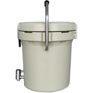 A cream-coloured ice bucket with a faucet and a silver handle, featuring a logo on the side.