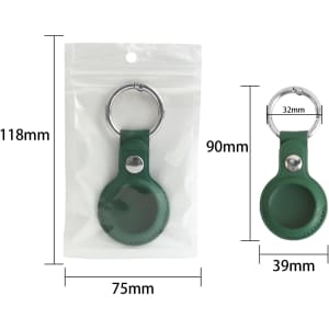 A green PU leather AirTag holder with a keyring, displayed in a transparent packaging.