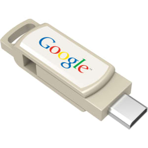A beige flash drive with a loop for attaching to keys and a logo on the side.