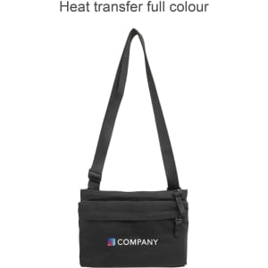 A lightweight black crossbody bag with a single adjustable strap and a logo on the front.