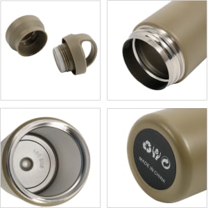 A drink bottle in matte khaki with a stainless steel interior and a handle. Features a screw-on lid and a logo on the base.