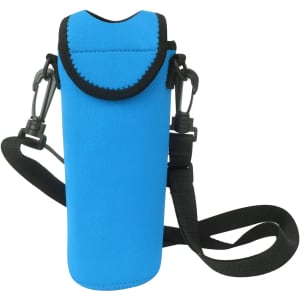 A drink bottle cooler in bright blue with a strap and a logo.
