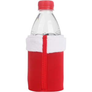 A drink bottle holder in red with a white fluffy trim, designed to resemble a Santa Claus outfit.