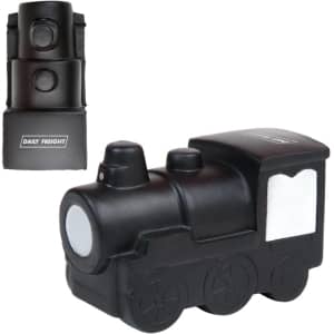 A black locomotive-shaped stress reliever with a logo, featuring detailed design elements and a soft texture.