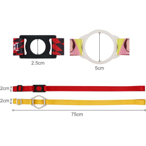 A drink bottle lanyard featuring a black and multi-coloured holder, with red and yellow straps measuring 75cm.