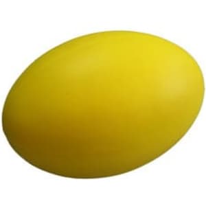 A yellow stress Australian football with a smooth, oval shape and a logo on its surface.