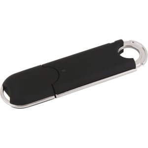 A black O-ring flash drive with a metallic ring for attachment. It features a sleek, streamlined design.