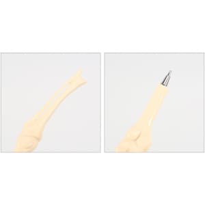 A pen designed to resemble a knee joint, featuring a creamy colour and a silver pen tip.