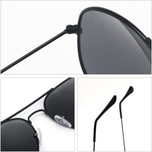 Classic aviator sunglasses with black frames and dark lenses. Features adjustable nose pads and sleek temple arms.