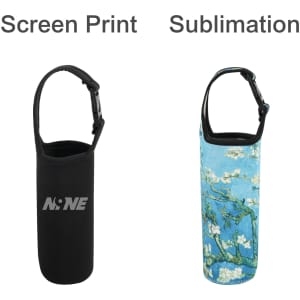 A drink bottle carrier pouch in black with a logo on one side and a blue floral design on the other.