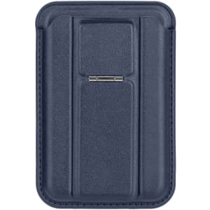A navy PU magnetic card holder features a phone stand and has a sleek, textured design with a metallic accent.