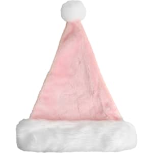 A pink plush Santa hat with a white faux fur trim and a fluffy pom-pom on top.