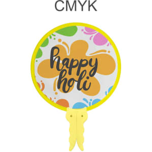 A 20cm foldable fan with a vibrant floral design in yellow and pastel colours featuring the words "happy Holi."