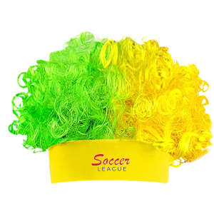 A vibrant afro headband wig featuring green and yellow curls, with a yellow band that has a logo.