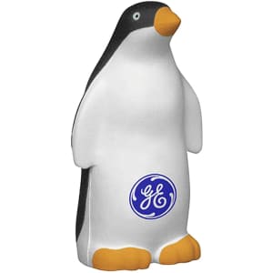 A penguin-shaped stress reliever in black, white, and orange, featuring a logo on its front.