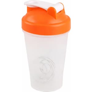A drink bottle with a transparent body and an orange lid, featuring a logo on the side.