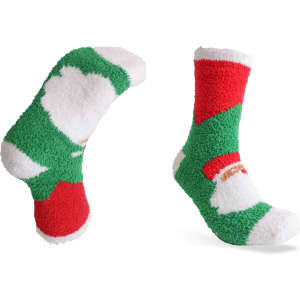 Fuzzy coral fleece socks featuring a festive design in red, green, and white with a logo on one sock.