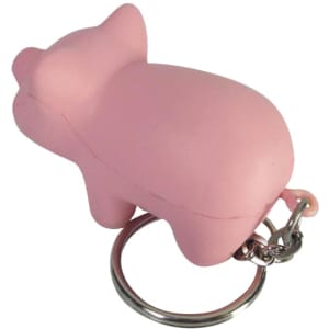 A pink mini pig stress item attached to a metal keyring, featuring a smooth texture and rounded shape.