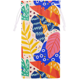 A drawstring pouch featuring a vibrant, multicoloured leaf and plant design with a white background.