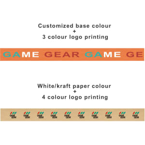 A roll of self-adhesive reinforced kraft paper tape in natural brown with multi-coloured logo printing.