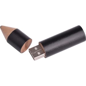 A black pencil-shaped flash drive with a removable cap. The USB connector is exposed.