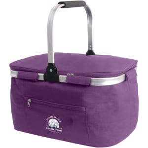 A purple picnic cooler basket with an aluminium handle and a front zip pocket, featuring a logo on the side.