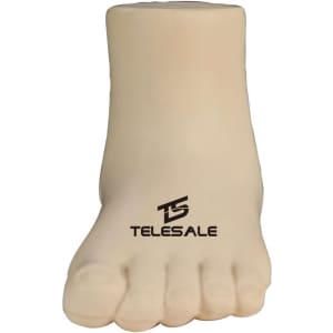 A beige, baby leg-shaped stress reliever with a logo on the side, designed as a fun keyring accessory.