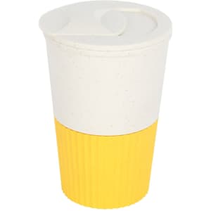 A drink bottle featuring a white and yellow design, made from wheat straw with a lid and ribbed texture.