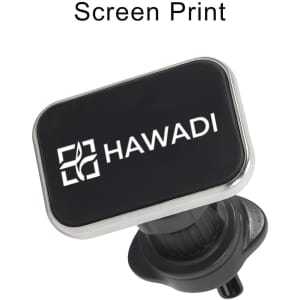 A square black car hook bracket with a metallic border, featuring a logo.