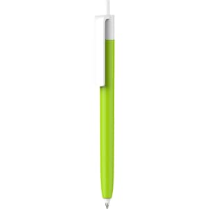 A push button pen with a vibrant green barrel and a creamy white cap, featuring a logo.