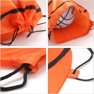 An orange ball-shaped drawstring backpack with black stripes and a textured inner lining. It has a logo.