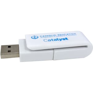 A white flash drive with a sliding cover and a logo, featuring a USB connector.