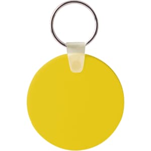 A round yellow Durasoft keyring with a silver metal ring attached.