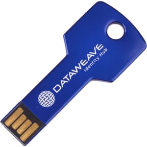 A blue square key flash drive with a branding logo and a keyhole for easy attachment.