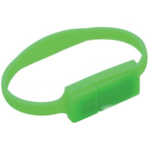 A green silicone wristband flash drive with a simple design and a built-in USB connector.