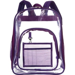 A transparent purple backpack with dual straps and a front pocket. It features a logo on the front.