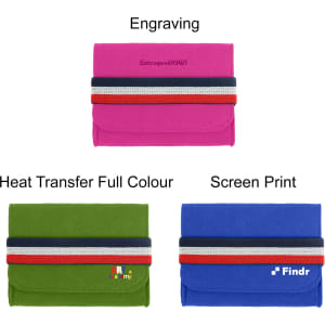 A felt travel organiser in pink, green, and blue with colourful bands, featuring various branding options.
