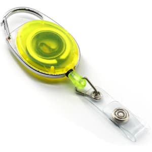 A retractable oval card holder in bright yellow with a clear strap and metal clip. It features a logo.