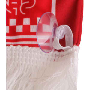A red scarf with a white fringed edge and a suction cap attachment at one end. It has a logo or branding.